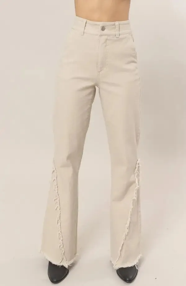 WASHED TWILL DISTRESSED FLARE PANTS