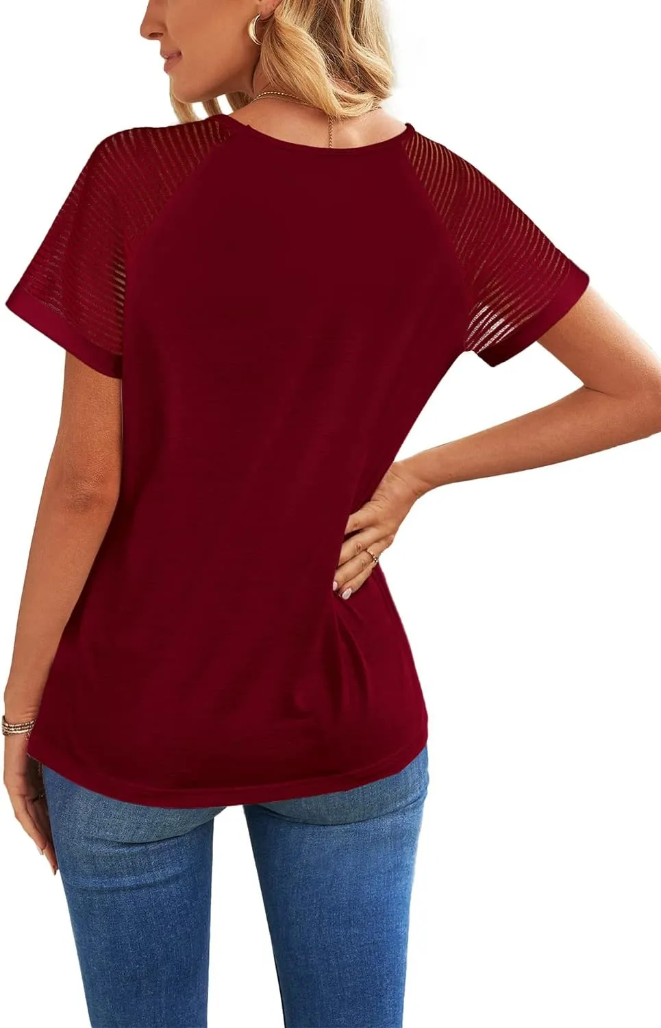 WEESO Casual T Shirts for Women V Neck Mesh Short Sleeve Summer Tops Loose Fit Dressy