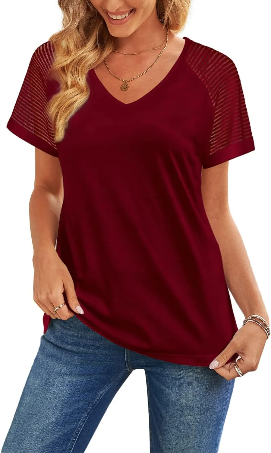 WEESO Casual T Shirts for Women V Neck Mesh Short Sleeve Summer Tops Loose Fit Dressy
