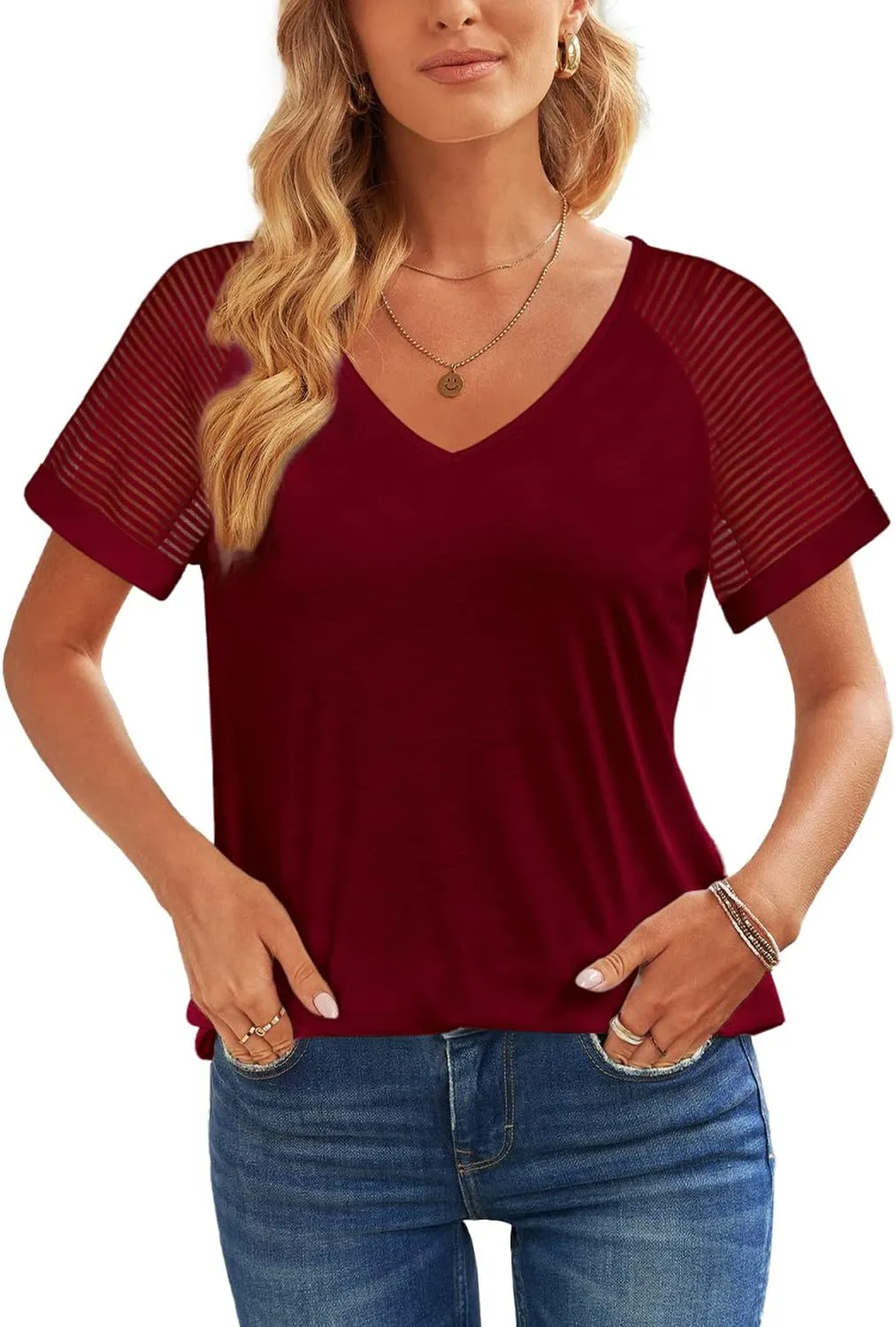 WEESO Casual T Shirts for Women V Neck Mesh Short Sleeve Summer Tops Loose Fit Dressy