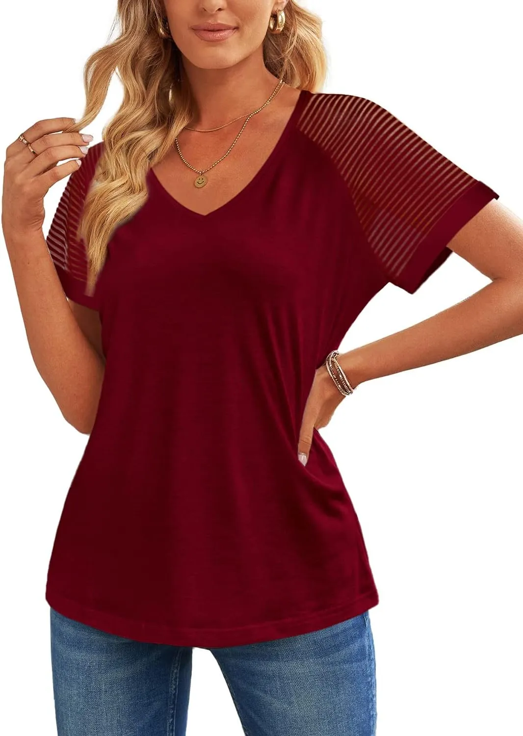 WEESO Casual T Shirts for Women V Neck Mesh Short Sleeve Summer Tops Loose Fit Dressy