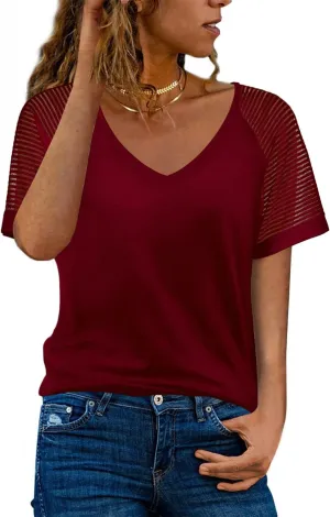 WEESO Casual T Shirts for Women V Neck Mesh Short Sleeve Summer Tops Loose Fit Dressy
