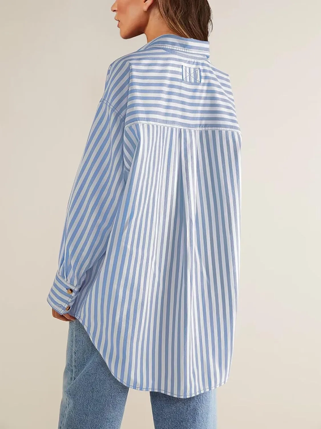 Womens Button Down Shirts Striped Classic Long Sleeve Collared Office Work Blouses Tops with Pocket