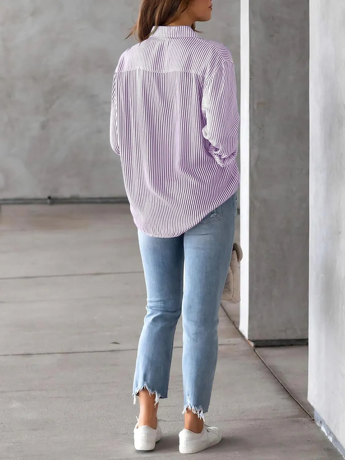 Women's Button Down Shirts Striped Long Sleeve Tops Classic Office Work Blouses with Pocket