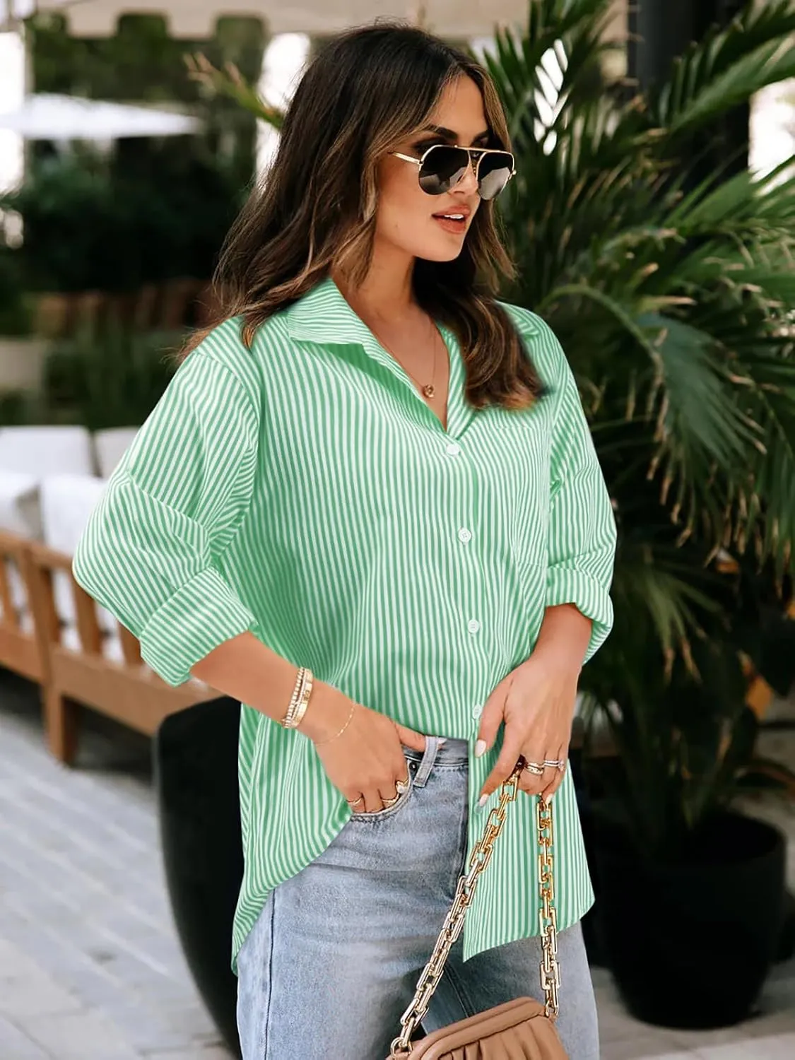 Women's Button Down Shirts Striped Long Sleeve Tops Classic Office Work Blouses with Pocket