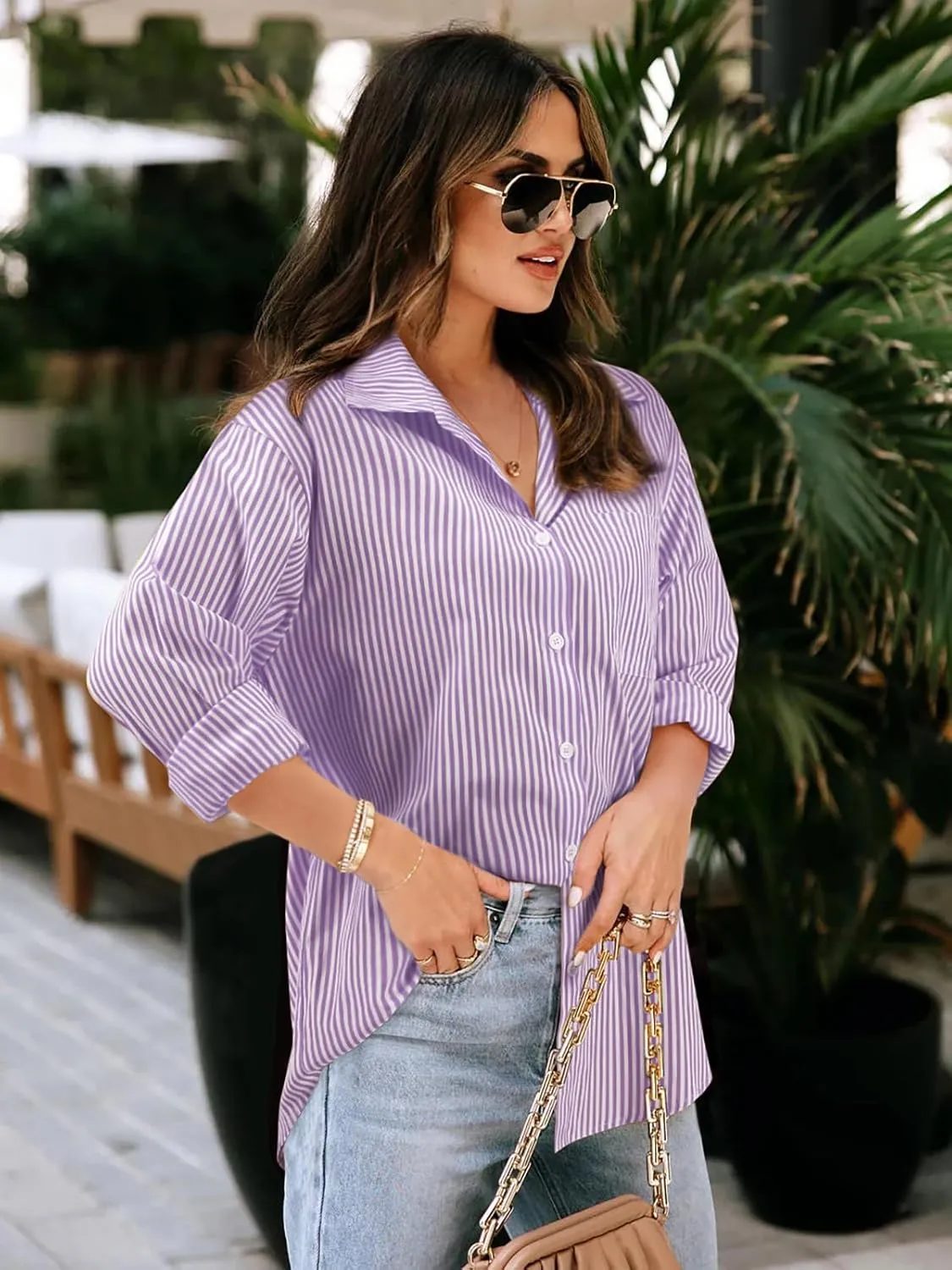 Women's Button Down Shirts Striped Long Sleeve Tops Classic Office Work Blouses with Pocket