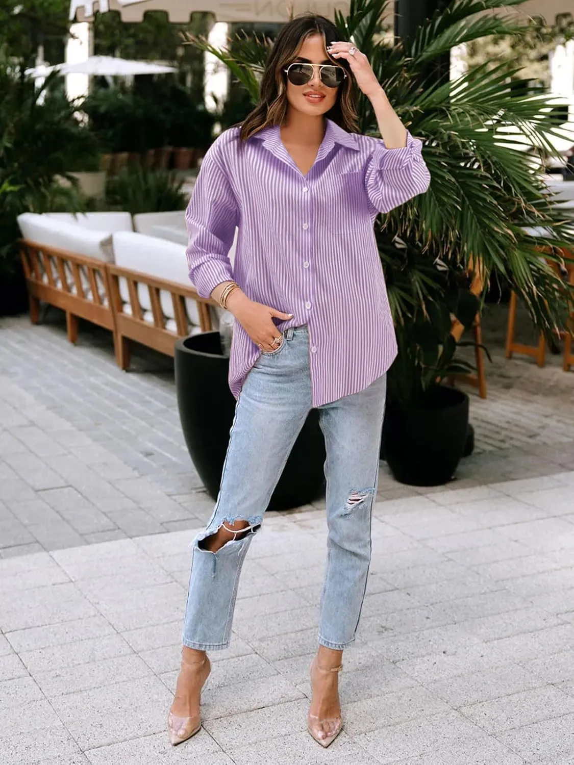 Women's Button Down Shirts Striped Long Sleeve Tops Classic Office Work Blouses with Pocket