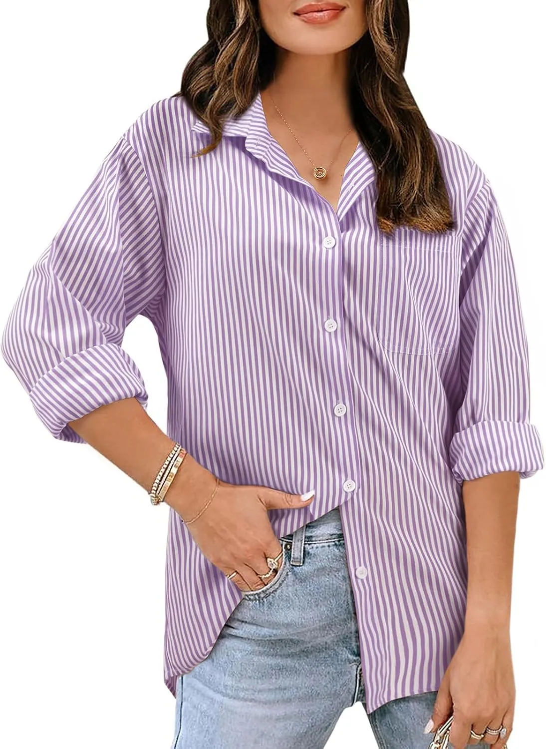 Women's Button Down Shirts Striped Long Sleeve Tops Classic Office Work Blouses with Pocket
