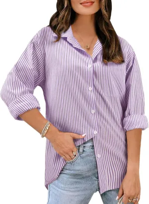 Women's Button Down Shirts Striped Long Sleeve Tops Classic Office Work Blouses with Pocket