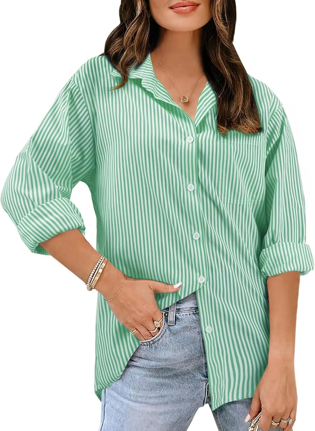 Women's Button Down Shirts Striped Long Sleeve Tops Classic Office Work Blouses with Pocket