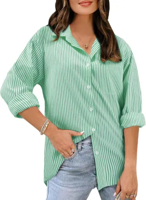 Women's Button Down Shirts Striped Long Sleeve Tops Classic Office Work Blouses with Pocket