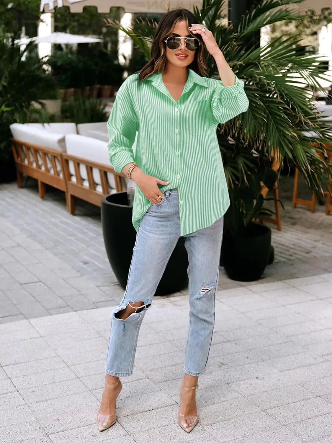 Women's Button Down Shirts Striped Long Sleeve Tops Classic Office Work Blouses with Pocket