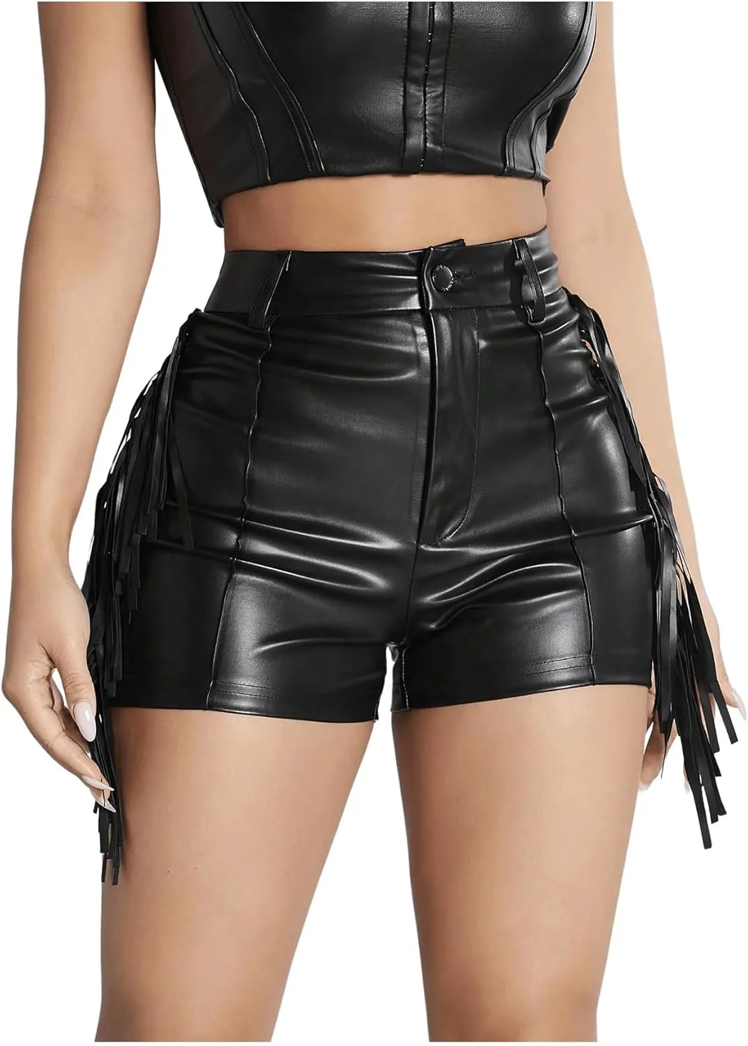 Women's Fringe Trim PU Leather Club Party Shorts Cowgirl Tassel High Waist Straight Leg Mini Shorts