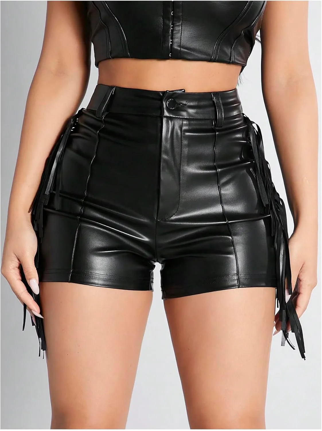 Women's Fringe Trim PU Leather Club Party Shorts Cowgirl Tassel High Waist Straight Leg Mini Shorts