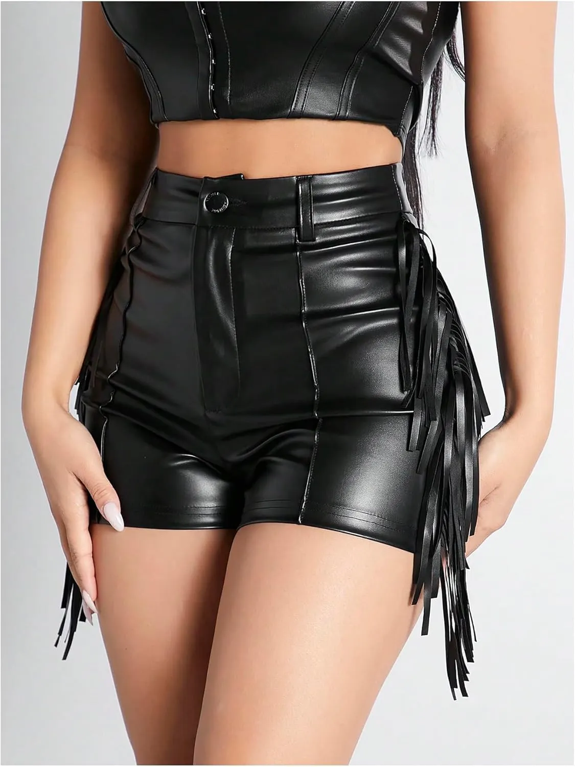 Women's Fringe Trim PU Leather Club Party Shorts Cowgirl Tassel High Waist Straight Leg Mini Shorts