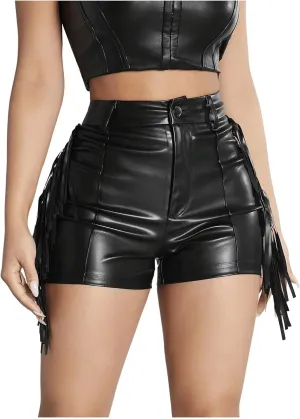 Women's Fringe Trim PU Leather Club Party Shorts Cowgirl Tassel High Waist Straight Leg Mini Shorts