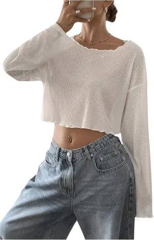 Women's Mesh Sheer Tops Drop Shoulder Lettuce Trim Crop Tops Loose Streetwear Long Sleeve Tee Shirt Going Out Tops