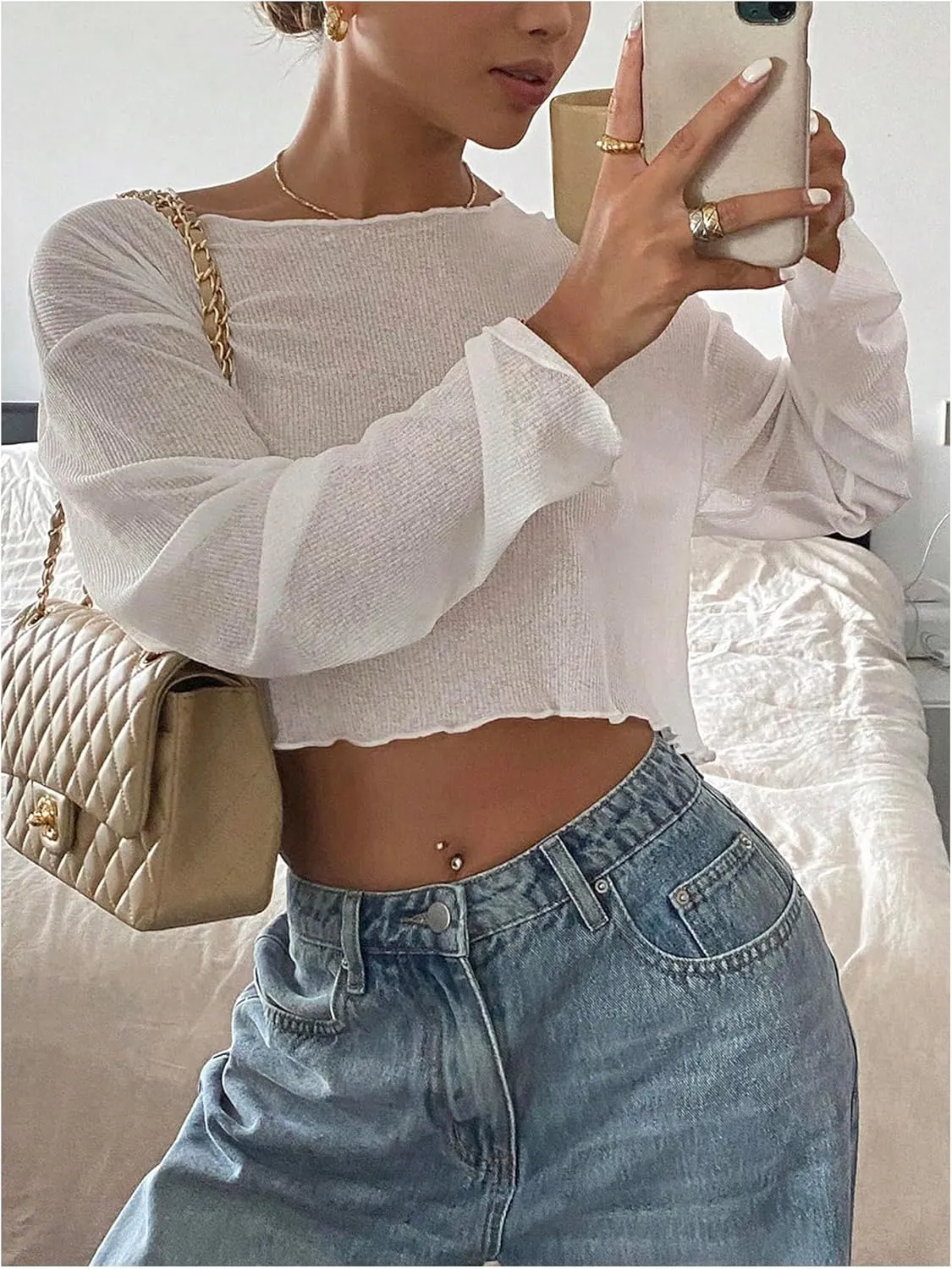 Women's Mesh Sheer Tops Drop Shoulder Lettuce Trim Crop Tops Loose Streetwear Long Sleeve Tee Shirt Going Out Tops