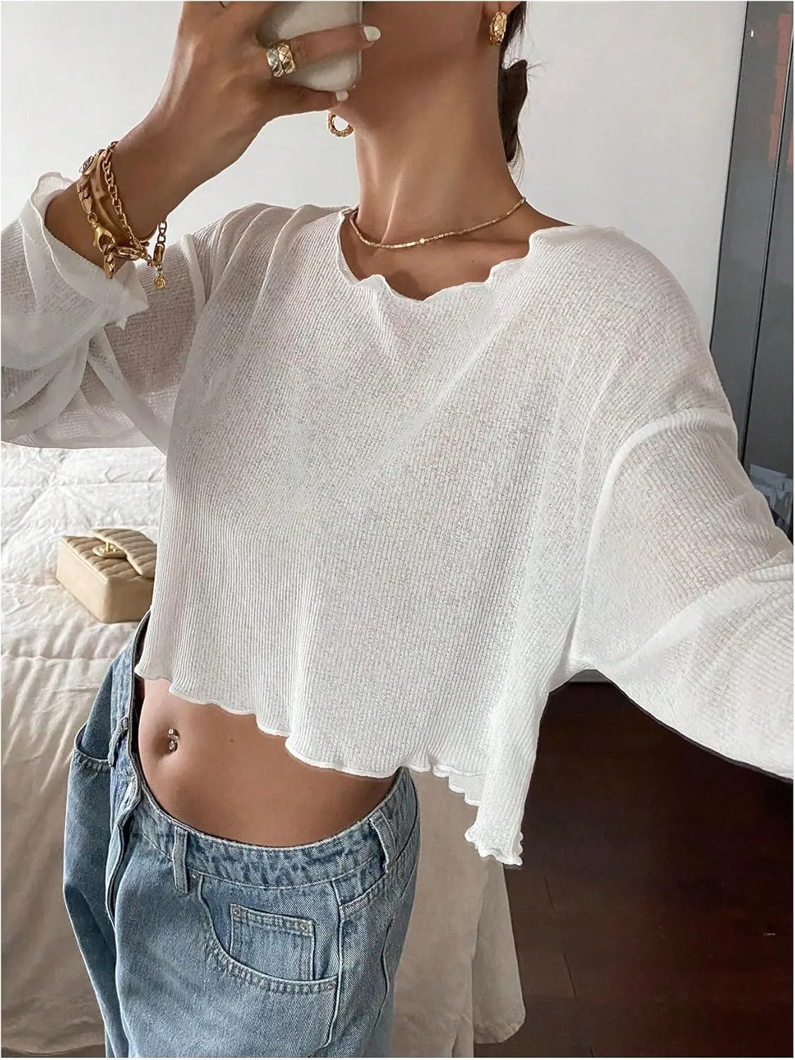 Women's Mesh Sheer Tops Drop Shoulder Lettuce Trim Crop Tops Loose Streetwear Long Sleeve Tee Shirt Going Out Tops