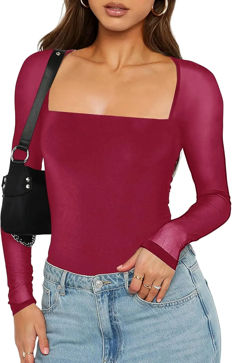 Women's Sexy Mesh Long Sleeve Tops Square Neck Blouse Slim Fit See Through Shirt Going Out Party Clubwear