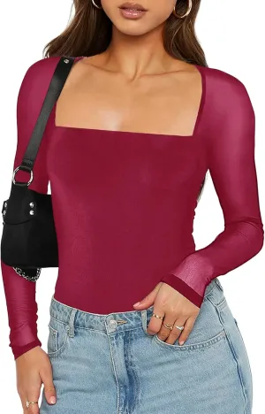Women's Sexy Mesh Long Sleeve Tops Square Neck Blouse Slim Fit See Through Shirt Going Out Party Clubwear