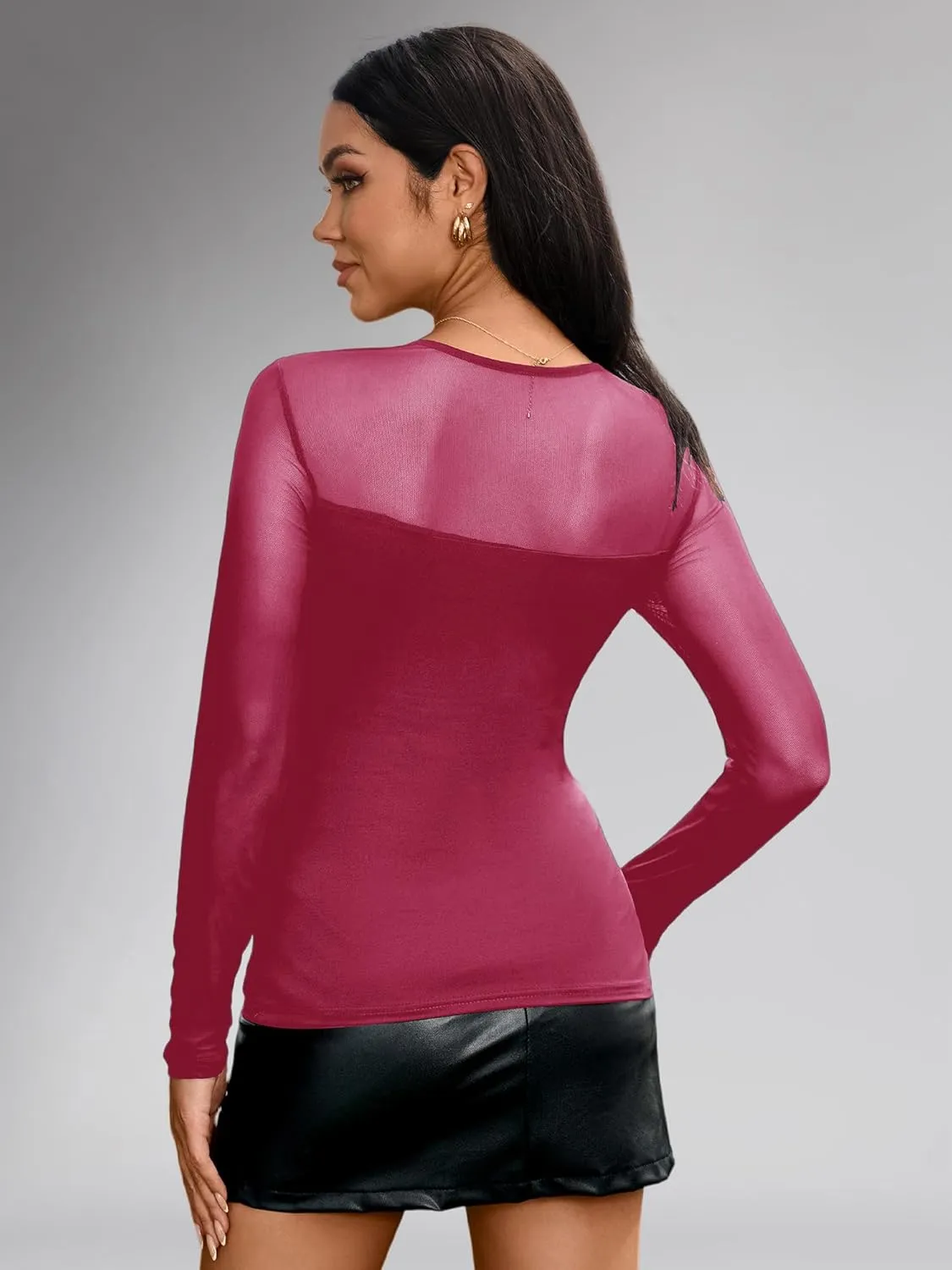 Women's Sexy Mesh Long Sleeve Tops Square Neck Blouse Slim Fit See Through Shirt Going Out Party Clubwear