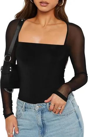 Women's Sexy Mesh Long Sleeve Tops Square Neck Blouse Slim Fit See Through Shirt Going Out Party Clubwear