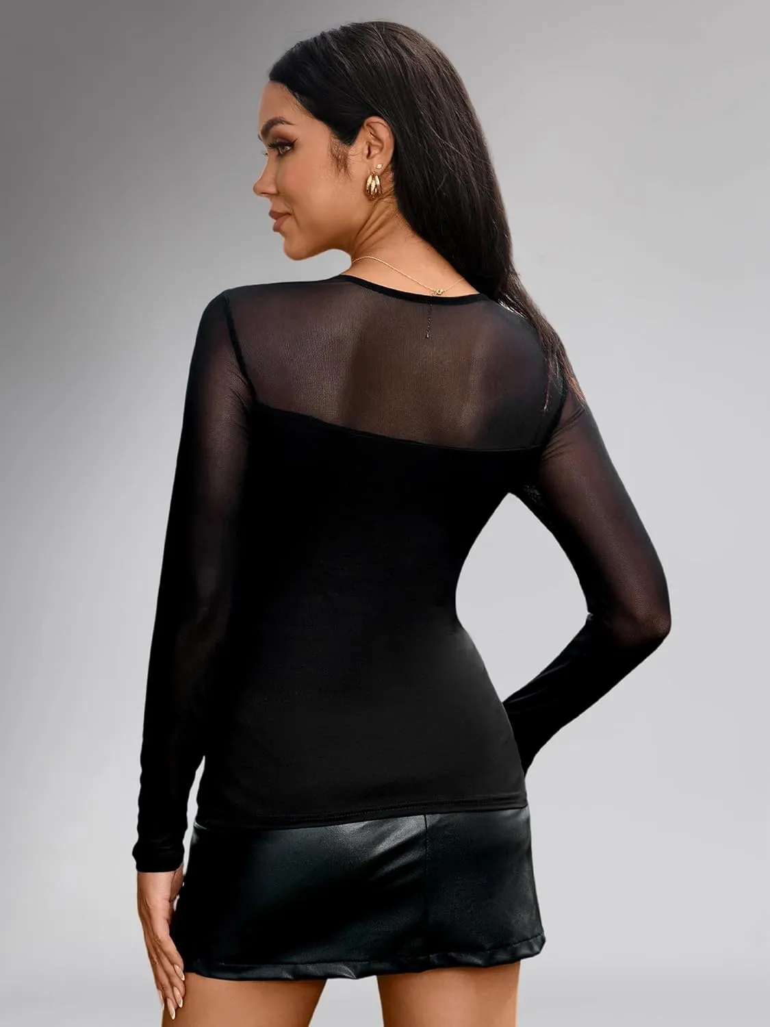 Women's Sexy Mesh Long Sleeve Tops Square Neck Blouse Slim Fit See Through Shirt Going Out Party Clubwear