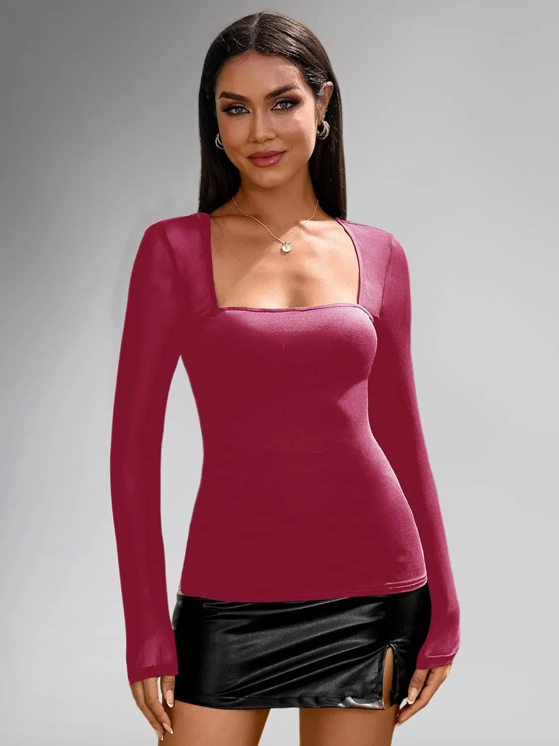 Women's Sexy Mesh Long Sleeve Tops Square Neck Blouse Slim Fit See Through Shirt Going Out Party Clubwear