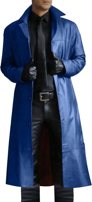 ZWRXW Mens Leather Trench Coat Full Length Vintage Classic Faux Leather Long Jacket Fall Winter Overcoat Coats Cardigan