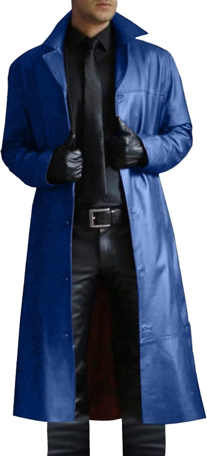 ZWRXW Mens Leather Trench Coat Full Length Vintage Classic Faux Leather Long Jacket Fall Winter Overcoat Coats Cardigan